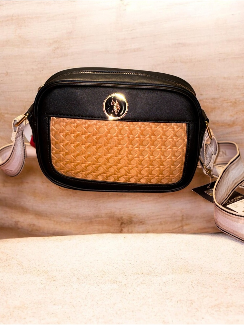 U.S. Polo Assn. Black and Tan Woven-Panel Crossbody Bag